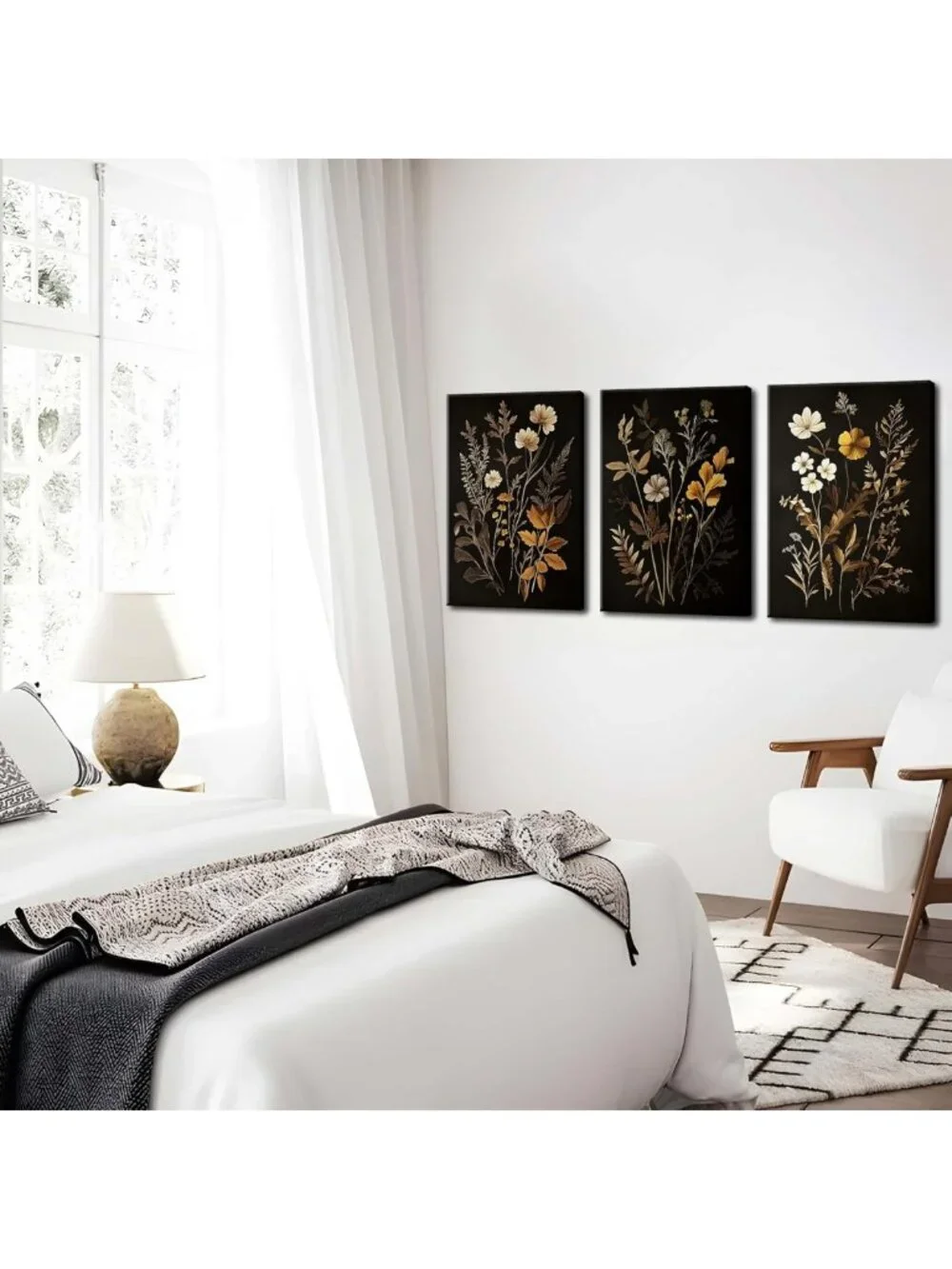 Vintage Black Floral Wall Art Set of 3, Botanical Canvas Prints for Home Decor
